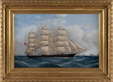 FREDERIK TUDGAY (England, 1841-1921), A three-masted ship., Oil on canvas, 19" x 29.75". Framed