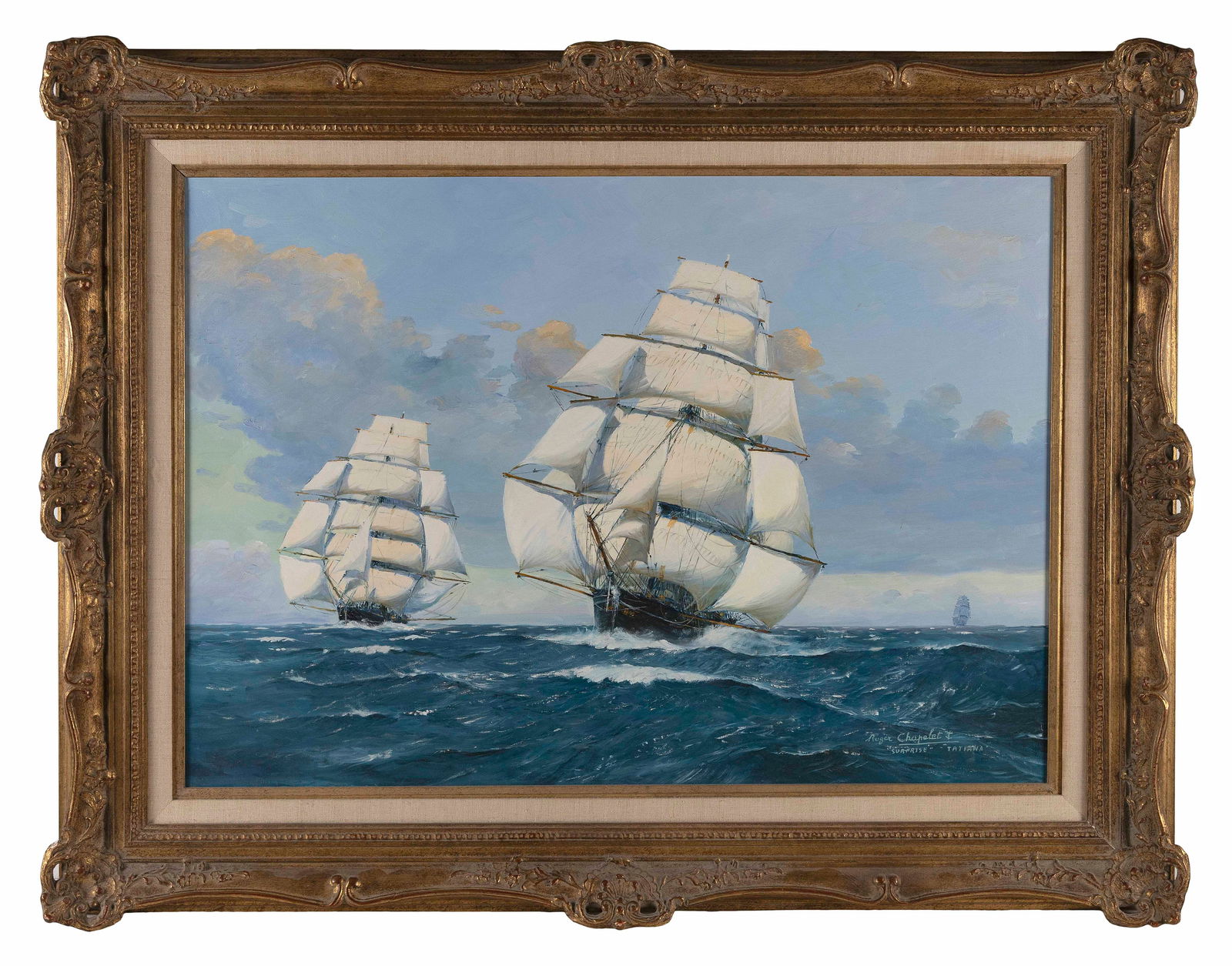 ROGER CHAPELET (France, 1902/3-1995), "Surprise -Tatiana"., Oil on canvas, 26" x 36". Framed 36" x: ROGER CHAPELETFrance, 1902/3-1995"Surprise -Tatiana". Depicts two ships under sail. Signed "Roger Chapelet" and titled lower right.Oil on canvas, 26" x 36". Framed 36" x 45.5".