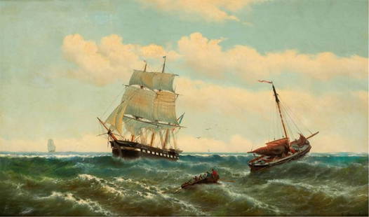 LOUIS BARNABA (Belgium/France, 1826-1892), Ships at sea., Oil on canvas, 21.75" x 36". Unframed.: LOUIS BARNABABelgium/France, 1826-1892Ships at sea. Signed lower right "L. Barnaba".Oil on canvas, 21.75" x 36". Unframed.