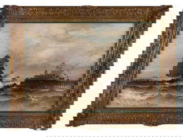 THEODORE ALEXANDER WEBER (Germany, 1838-1907), Boats at a pier., Oil on canvas, 24.75" x 35.75".