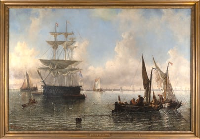 ALBERT VAN BEEST (Massachusetts/New York, 1820-1860), Busy harbor scene., Oil on canvas, 44" x 66".