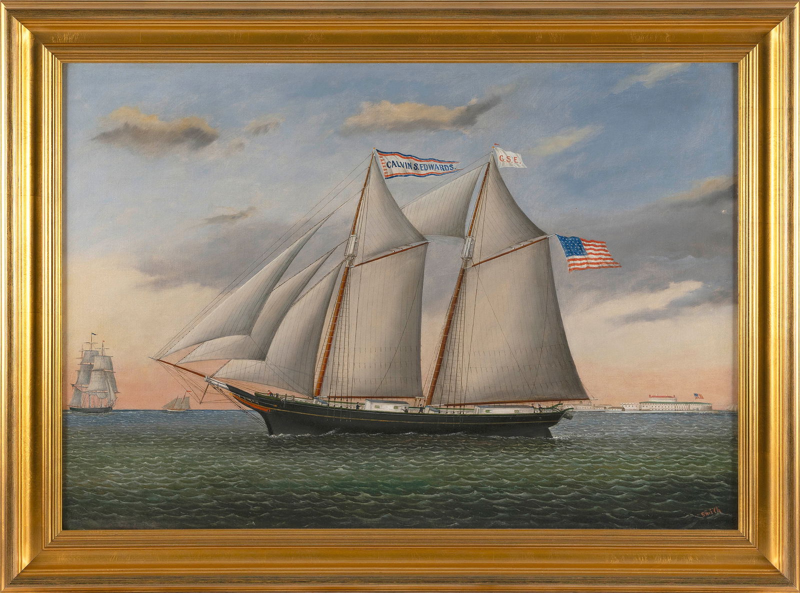 JOSEPH B. SMITH (New York/New Jersey, 1798-1876), Two-masted schooner Calvin S. Edwards off (1 of 2)