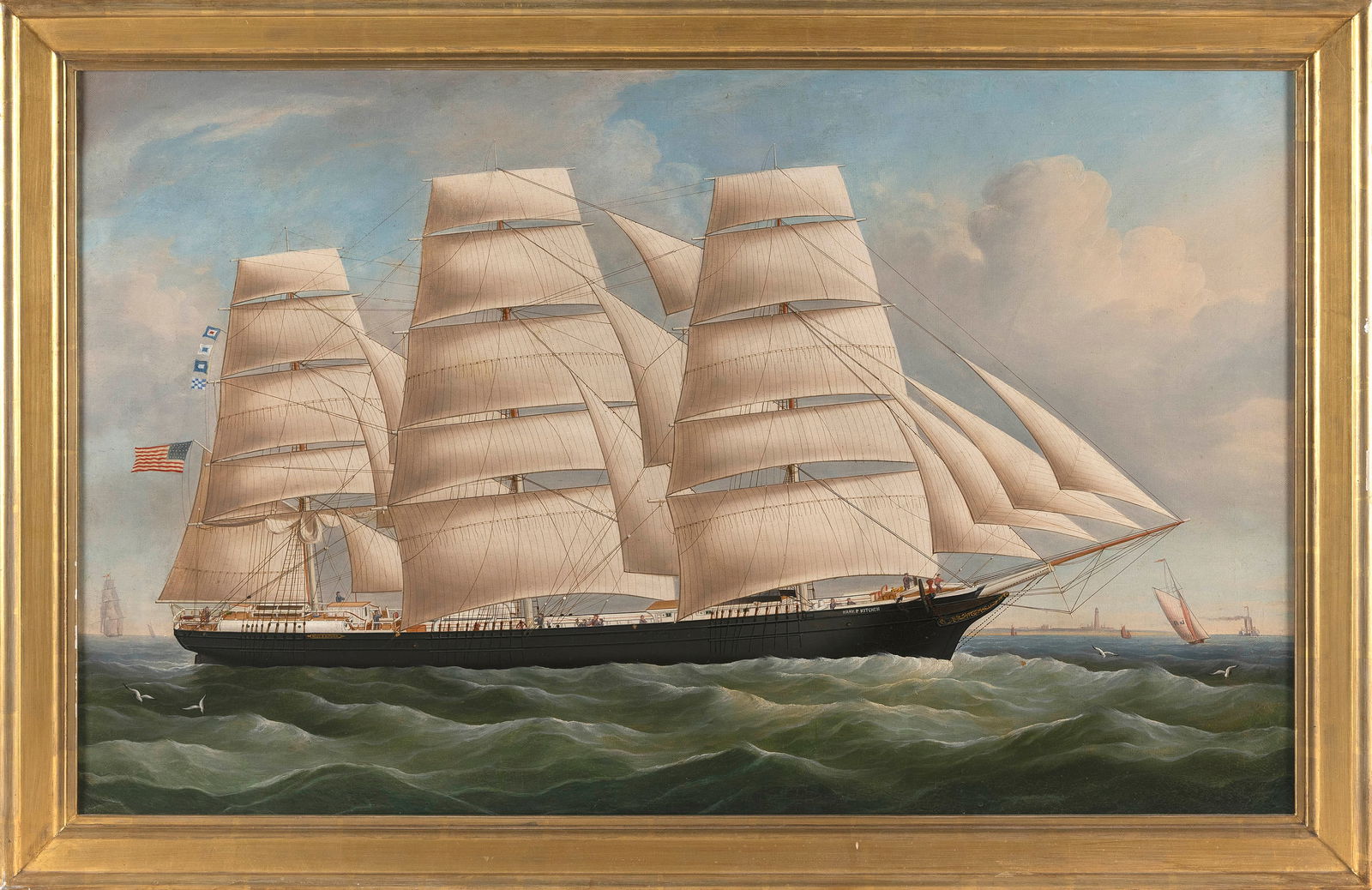 AMERICAN SCHOOL (19th Century,), Portrait of the Mary P. Kitchen under sail, flying an American: AMERICAN SCHOOL19th CenturyPortrait of the Mary P. Kitchen under sail, flying an American flag. Pilot boats, a steamship and a lighthouse visible in the distance. Unsigned.Oil on canvas, 23" x 37". Fr