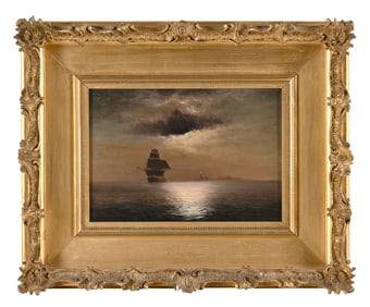 WILLIAM FORMBY HALSALL (Massachusetts, 1841-1919), Moonlit scene, likely Boston Harbor., Oil on