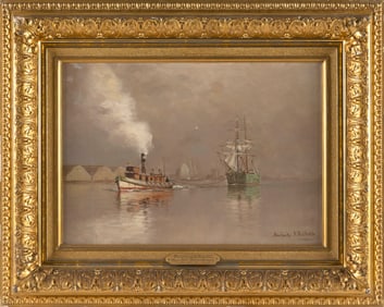 HENDRICKS A. HALLETT (Massachusetts, 1847-1921), "Back Bay, Boston Harbor"., Oil on canvas, 14" x