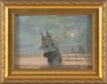 EDWARD MORAN (Pennsylvania/New York, 1829-1901), Beached under moonlight., Watercolor, 4.5" x 6.5"
