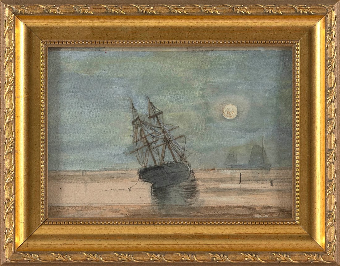 EDWARD MORAN (Pennsylvania/New York, 1829-1901), Beached under moonlight., Watercolor, 4.5" x 6.5": EDWARD MORANPennsylvania/New York, 1829-1901Beached under moonlight. Signed faintly lower left "Edward Moran".Watercolor, 4.5" x 6.5" sight. Framed 7" x 9".
