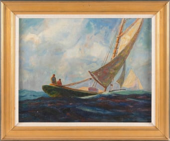 SIDNEY MARSH CHASE (Massachusetts, 1877-1957), Sailing off the coast., Oil on canvas, 16" x 20".