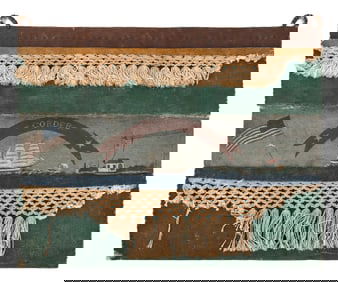 WONDERFUL FOLK ART SAILCLOTH WALL POCKET Early 20th Century 17.5" x 22".