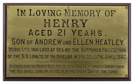 BRASS PLAQUE MEMORIALIZING A SAILOR LOST AT SEA Late 19th Century 12.5" x 20".