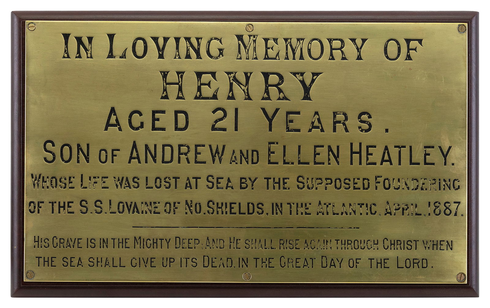 BRASS PLAQUE MEMORIALIZING A SAILOR LOST AT SEA Late 19th Century 12.5" x 20". (1 of 2)