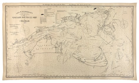 "GEO. W. ELDRIDGE'S CHART C VINEYARD SOUND LT. SHIP TO CHATHAM" Circa 1909 49.5" x 28.5". Unframed.