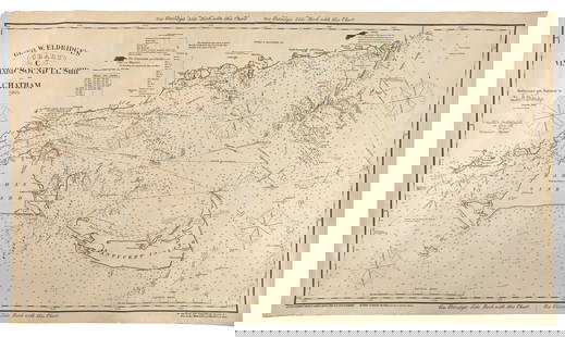 "GEO. W. ELDRIDGE'S CHART C VINEYARD SOUND LT. SHIP TO CHATHAM" Circa 1909 49.5" x 28.5". Unframed.: "GEO. W. ELDRIDGE'S CHART C VINEYARD SOUND LT. SHIP TO CHATHAM"Circa 1909From Eldridge's series of New Coast Charts that covered New York to Maine. This chart depicts Martha's Vineyard, Nantucket and