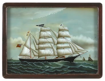 ANGLO-CHINESE REVERSE PAINTING ON GLASS DEPICTING A BRITISH TEA CLIPPER Circa 1875 Framed 15.75" x