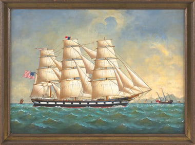 CHINESE SCHOOL (20th Century,), The Hope, flying American flags, entering Hong Kong Harbor., Oil on