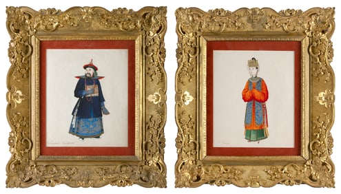 CHINESE SCHOOL (Late 19th Century,), Pair of portraits:, Watercolors on paper, 12" x 10" sight.