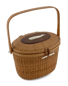 SHERWIN P. BOYER NANTUCKET BASKET PURSE WITH CHARLIE SAYLE CARVING, Nantucket, Massachusetts,
