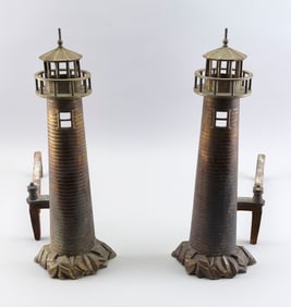 PAIR OF ROSTAND BRONZE LIGHTHOUSE-FORM ANDIRONS Milford, Connecticut, Early 20th Century Heights
