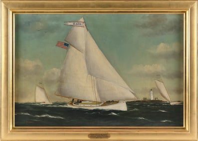 WILLIAM PIERCE STUBBS (Maine/Massachusetts, 1842-1909), The catboat Kate off a lighthouse., Oil on
