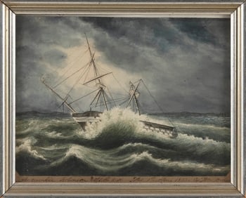 WATERCOLOR OF THE BRITISH SHIP "ABERCROMBIE ROBINSON" IN DISTRESS 8.5" x 10.75" sight. Framed 10" x