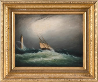 CLEMENT DREW (Massachusetts, 1806-1889), Ship off Minots Light., Oil on board, 10" x 13". Framed