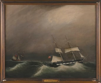 CLEMENT DREW (Massachusetts, 1806-1889), The brig Sarah Abigail of Boston in stormy seas., Oil on