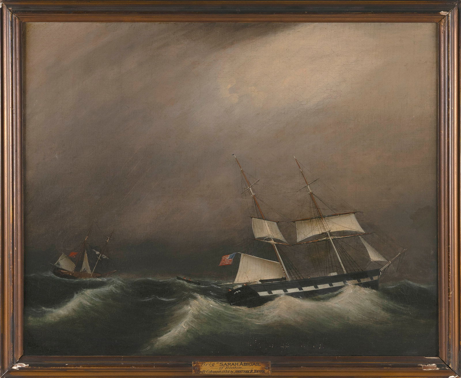 CLEMENT DREW (Massachusetts, 1806-1889), The brig Sarah Abigail of Boston in stormy seas., Oil on: CLEMENT DREWMassachusetts, 1806-1889The brig Sarah Abigail of Boston in stormy seas. Unsigned.Oil on canvas, 22" x 27". Framed 24.5" x 29.5". Provenance:Northeast Auctions, Portsmouth, New H