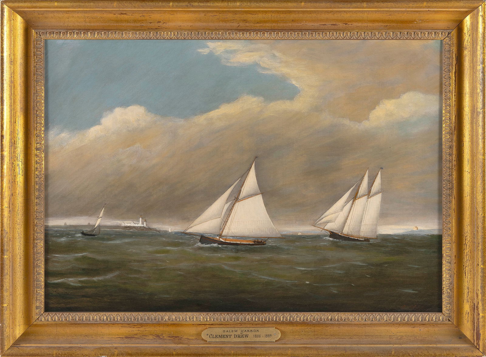 CLEMENT DREW (Massachusetts, 1806-1889), "Salem Harbor"., Oil on canvas, 18" x 26". Framed 23" x: CLEMENT DREWMassachusetts, 1806-1889"Salem Harbor". Signed lower right "C. Drew". Titled on frame plaque.Oil on canvas, 18" x 26". Framed 23" x 30.5". Provenance:Skinner, Inc., Massachusetts, Octob
