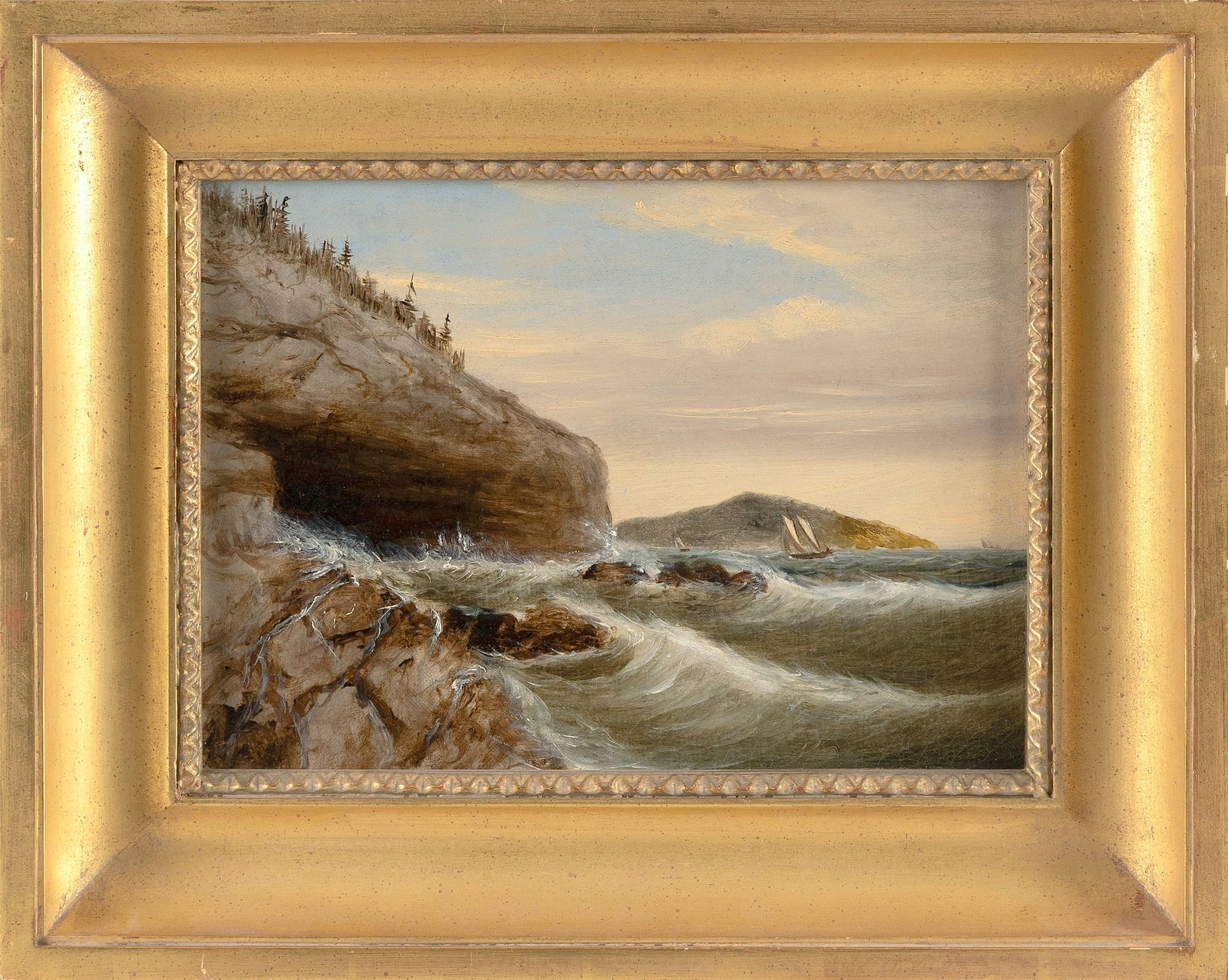 CLEMENT DREW (Massachusetts, 1806-1889), "Schooner Head Mount Desert"., Oil on canvas, 9" x 12".: CLEMENT DREWMassachusetts, 1806-1889"Schooner Head Mount Desert". Signed "C. Drew" and titled verso.Oil on canvas, 9" x 12". Framed 14" x 17".