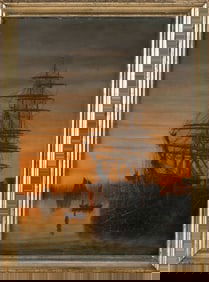 ATTRIBUTED TO LEMUEL D. ELDRED (Massachusetts, 1848-1921), Ship at dock, sunset., Oil on canvas, 20"