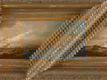 LEMUEL D. ELDRED (Massachusetts, 1848-1921), Sailing off the coast., Oil on canvas, 6" x 10". Framed
