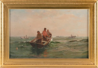 LEMUEL D. ELDRED (Massachusetts, 1848-1921), Fishermen in a dory., Oil on canvas, 16" x 26". Framed