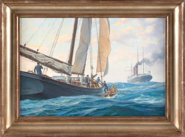 WILLIAM G. MULLER (New York, 1937-), "Retrieving the Pilot, 1887"., Oil on panel, 12" x 17". Framed