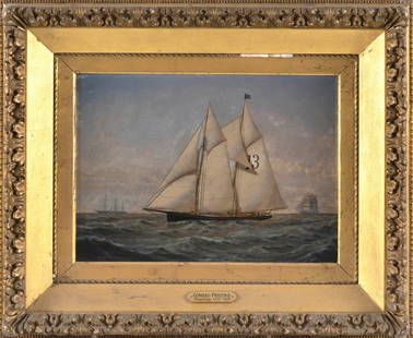 CONRAD FREITAG (New York/Germany, 1843-1894), New York Pilot Schooner No. 13 Caldwell under full: CONRAD FREITAGNew York/Germany, 1843-1894New York Pilot Schooner No. 13 Caldwell under full sail, flying the American merchant flag from the rear mast. Steam/sail vessel and a three-masted ship on the