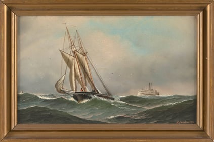 ANTONIO NICOLO GASPARO JACOBSEN (New York/New Jersey/Denmark, 1850-1921), A two-masted schooner on a