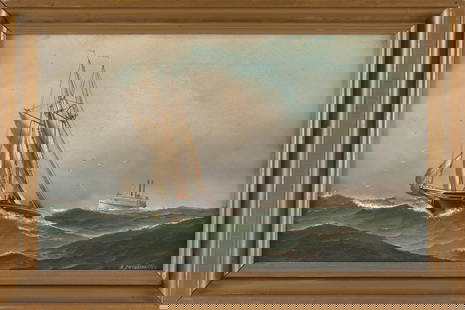 ANTONIO NICOLO GASPARO JACOBSEN (New York/New Jersey/Denmark, 1850-1921), A two-masted schooner on a: ANTONIO NICOLO GASPARO JACOBSENNew York/New Jersey/Denmark, 1850-1921A two-masted schooner on a reach, with a sidewheeler off her stern and a lighthouse off her bow. Signed and dated lower right "A. J