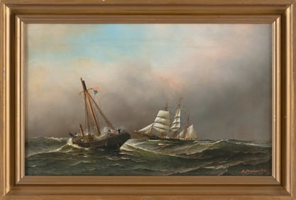 ANTONIO NICOLO GASPARO JACOBSEN (New York/New Jersey/Denmark, 1850-1921), A ship in distress, Oil on