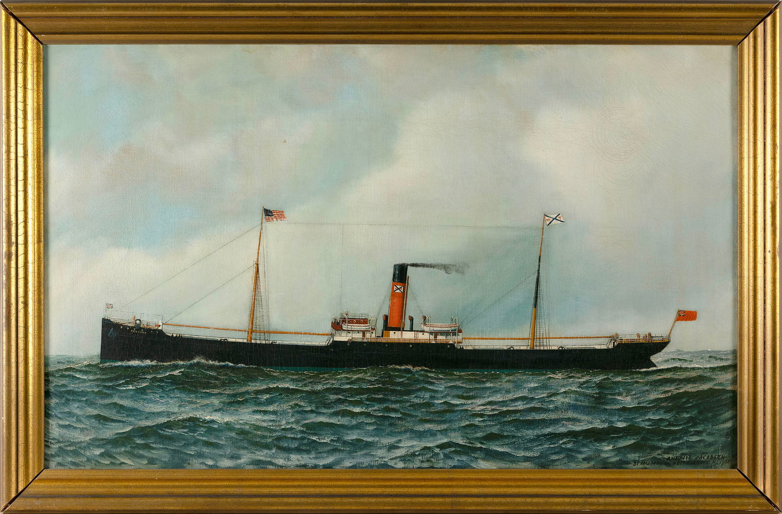 ANTONIO NICOLO GASPARO JACOBSEN (New York/New Jersey/Denmark, 1850-1921), The steam/sail ship: ANTONIO NICOLO GASPARO JACOBSENNew York/New Jersey/Denmark, 1850-1921The steam/sail ship Tanagra. Signed, dated and inscribed lower right "Antonio Jacobsen 31 Palisades Ave. West Hoboken NJ 1905".Oil