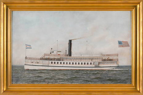 ANTONIO NICOLO GASPARO JACOBSEN (New York/New Jersey/Denmark, 1850-1921), The steamship Favorite of: ANTONIO NICOLO GASPARO JACOBSENNew York/New Jersey/Denmark, 1850-1921The steamship Favorite of the Bay Line flying a large American flag at the stern. Several figures visible on deck, at both the bow
