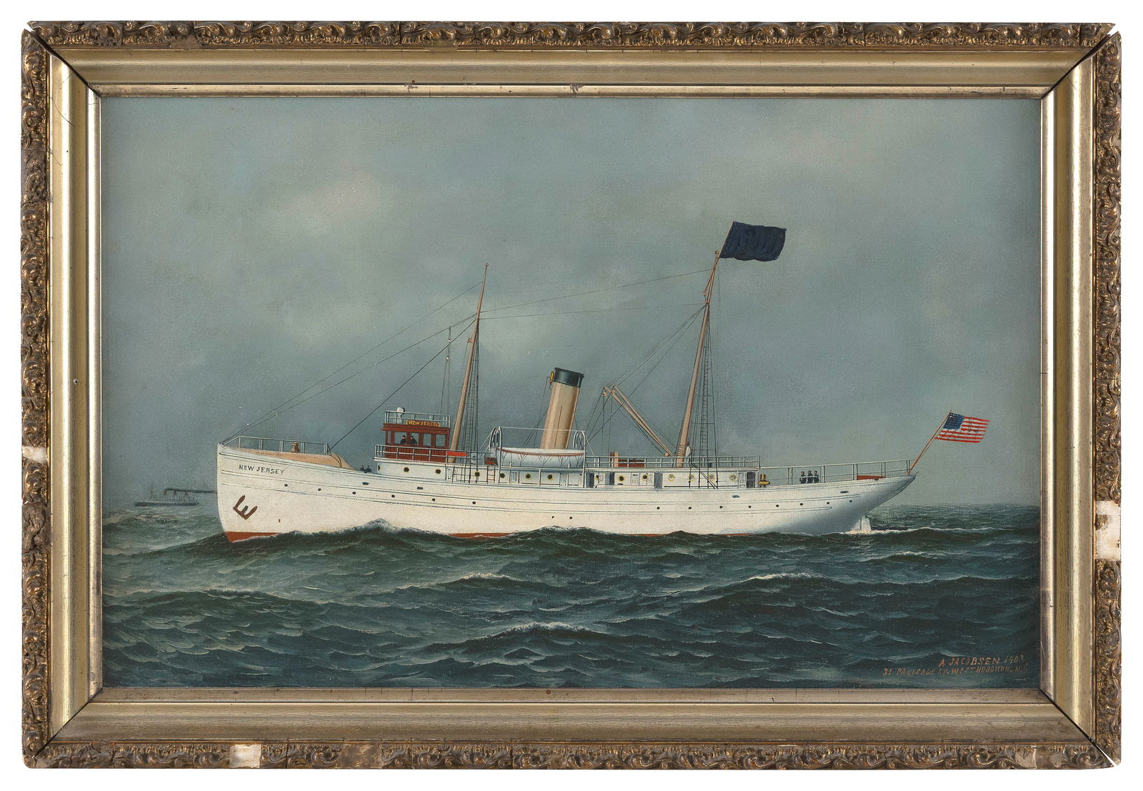 ANTONIO NICOLO GASPARO JACOBSEN (New York/New Jersey/Denmark, 1850-1921), Portrait of the steam/sail: ANTONIO NICOLO GASPARO JACOBSENNew York/New Jersey/Denmark, 1850-1921Portrait of the steam/sail vessel New Jersey. Signed and dated lower right "A. Jacobsen 1903".Oil on canvas, 14" x 22". Framed 16.7
