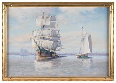 EPHRAIM FRANK LINCOLN (Massachusetts, 1865-1934), Ship escorted by a tug., Oil on canvas, 24" x 36".