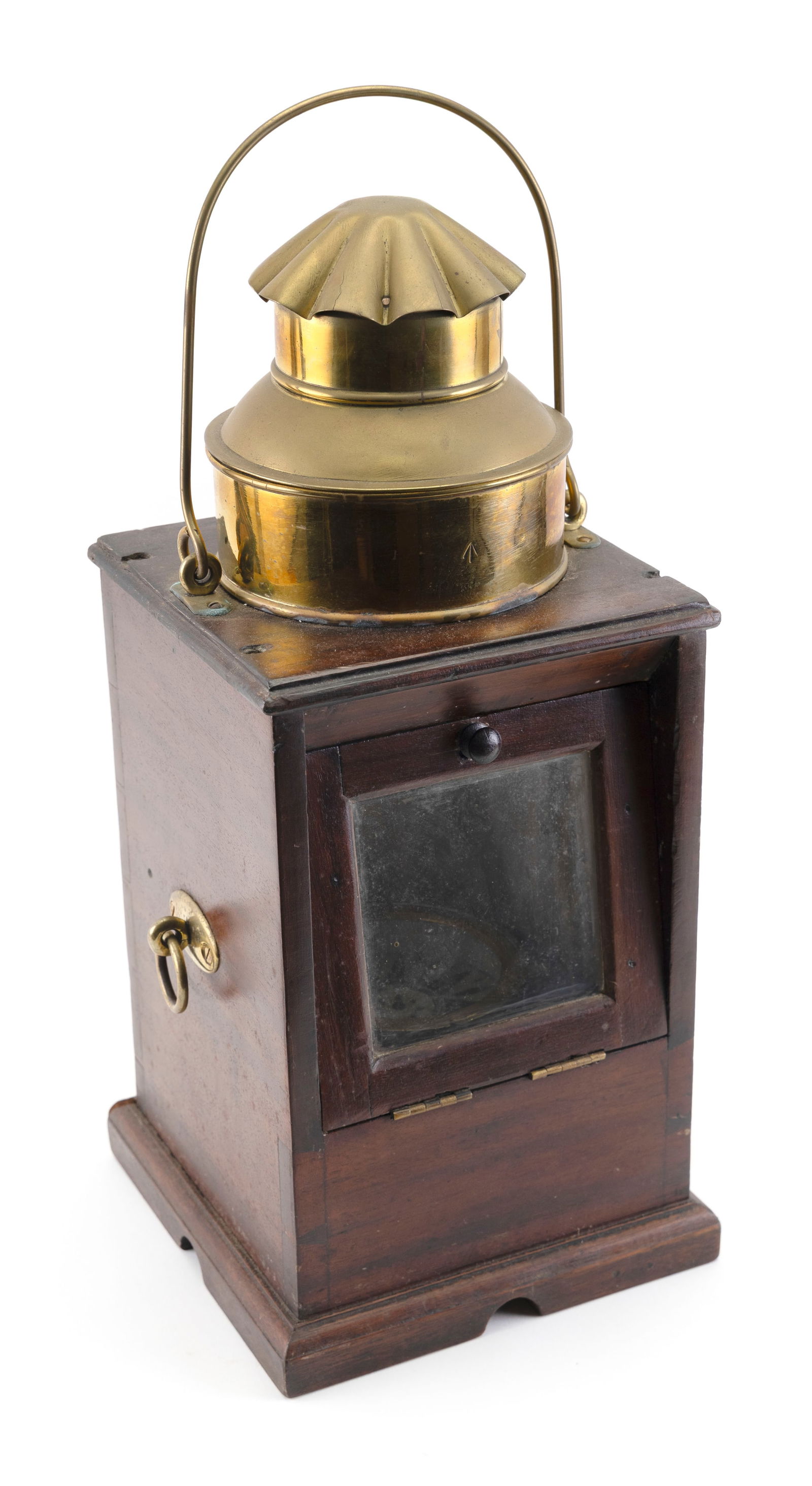 "FAITHFUL FREDDIE" BINNACLE 19th Century Height 20.25".: "FAITHFUL FREDDIE" BINNACLE19th CenturyMahogany dovetailed case with brass hood and swing handle. Brass and copper compass.Height 20.25".