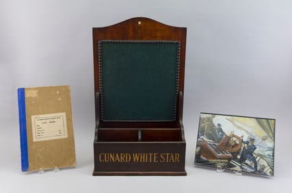 CUNARD WHITE STAR LINE MEMO BOARD AND EMPHEMERA 20th Century Board height 22.75". Width 14". Depth
