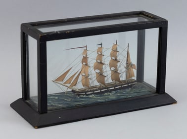 CASED MINIATURE SHIP MODEL 20th Century Case height 6". Length 10". Width 4.5".
