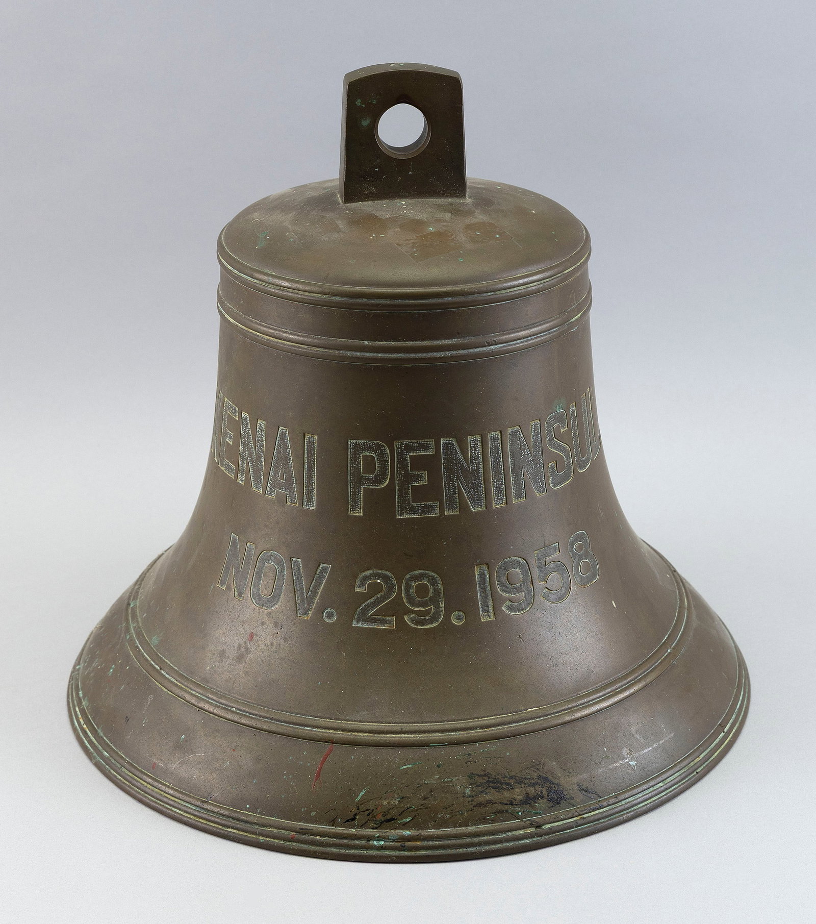 COMMEMORATIVE BELL Mid-20th Century Height 13". Diameter approx. 13".: COMMEMORATIVE BELL Mid-20th Century Marked "Kenai Peninsula Nov. 29. 1958". Kenai Peninsula is in south-central Alaska. No clapper. Height 13". Diameter approx. 13".
