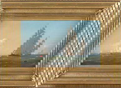 ATTRIBUTED TO WARREN W. SHEPPARD (New Jersey, 1858-1937), Rounding a buoy., Oil on board, 5.5" x 9".