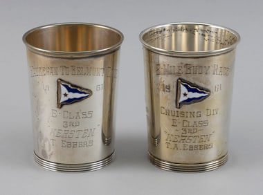 TWO STERLING SILVER JULEP CUP SAILING TROPHIES 20th Century Heights 4".