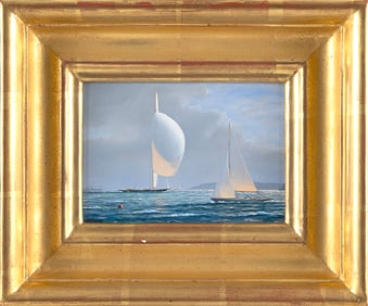 TIMOTHY THOMPSON (England, 1951-), Shamrock in Plymouth Sound., Oil on board, 5" x 7". Framed 9.5" x