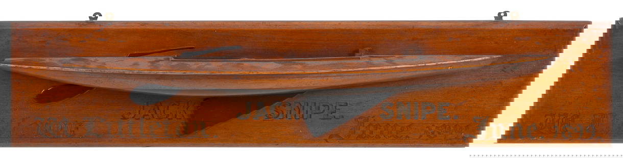 MOUNTED HALF HULL MODEL OF THE SAILING VESSEL "JACK SNIPE" Late 19th Century Backboard 7.25" x: MOUNTED HALF HULL MODEL OF THE SAILING VESSEL "JACK SNIPE"Late 19th CenturyBeautifully made. Yacht club burgee painted on the bow.Backboard 7.25" x 31.75".
