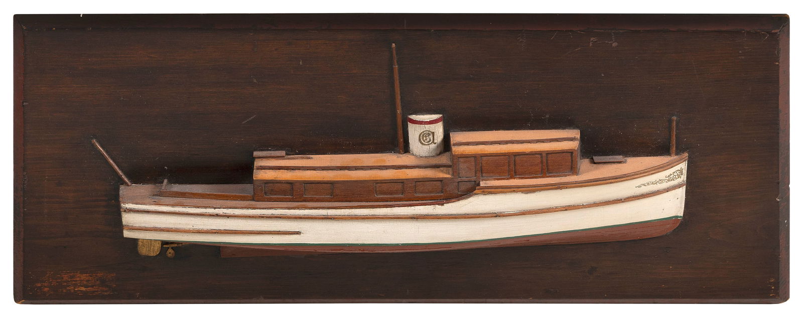 MOUNTED HALF HULL MODEL OF A MOTOR YACHT First Half of the 20th Century Backboard 14.75" x 32.5". (1 of 2)